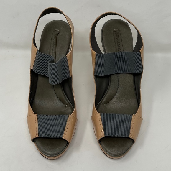 BCBG MaxAzria Tan Patent Leather Peep Toe Elastic Strap Heels - Picture 2 of 6